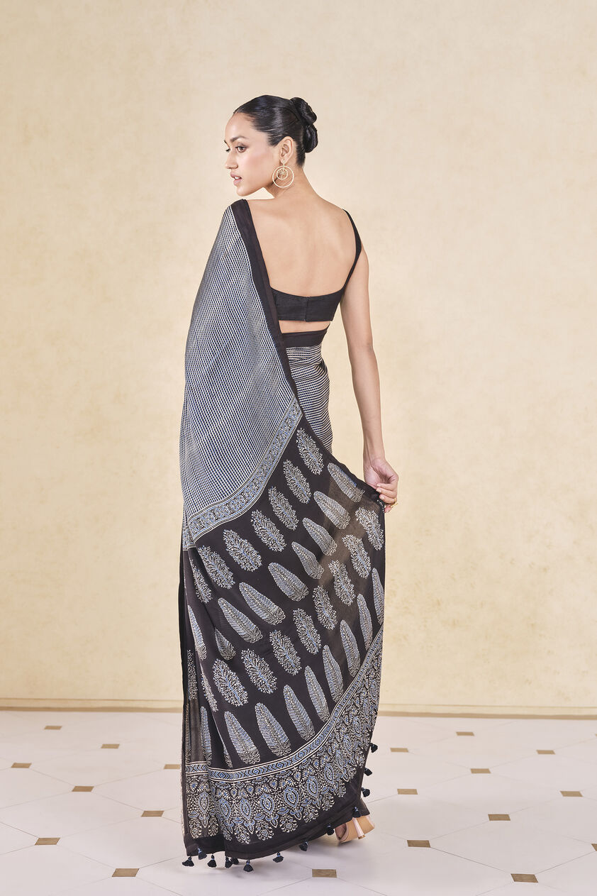 Korat Handcrafted Ajrakh Saree - Black, Black, image 2